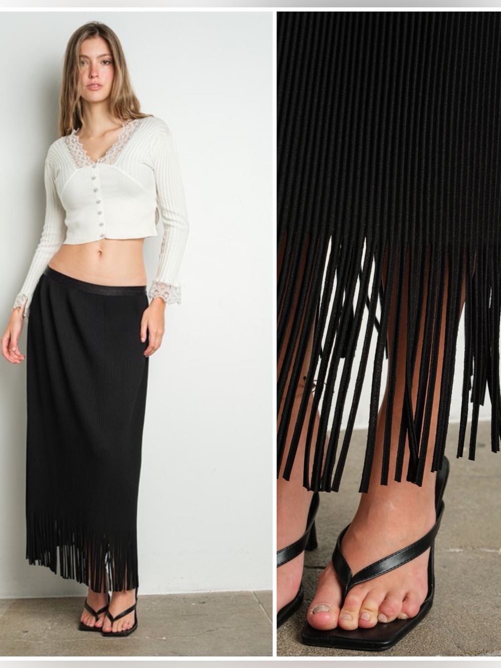 BLACK PLEATED FRINGE SKIRT